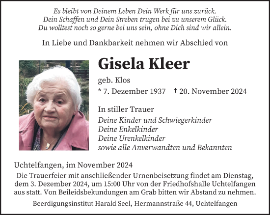 Traueranzeige von Gisela Kleer von saarbruecker_zeitung