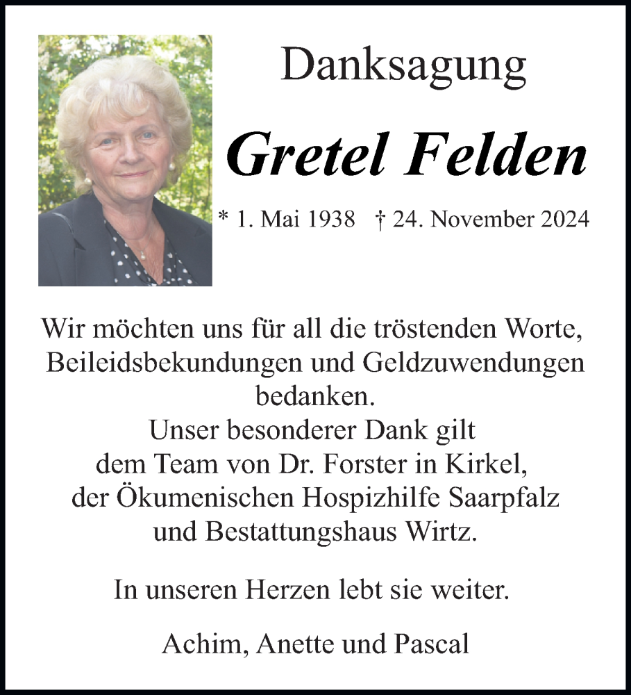  Traueranzeige für Gretel Felden vom 21.12.2024 aus saarbruecker_zeitung