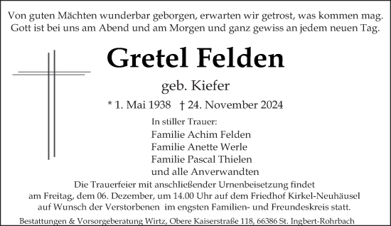 Traueranzeige von Gretel Felden von saarbruecker_zeitung