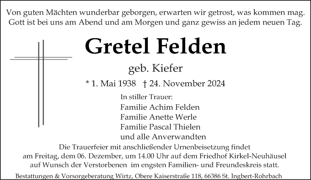  Traueranzeige für Gretel Felden vom 30.11.2024 aus saarbruecker_zeitung