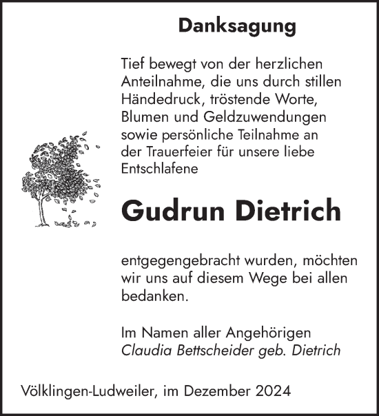 Traueranzeige von Gudrun Dietrich von saarbruecker_zeitung