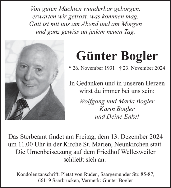 Traueranzeige von Günter Bogler von saarbruecker_zeitung