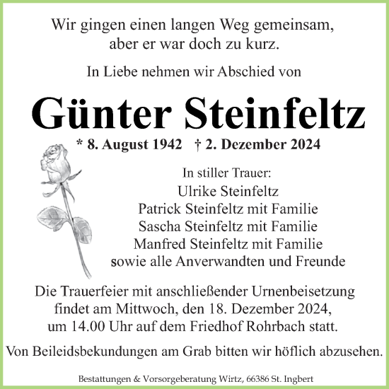 Traueranzeige von Günter Steinfeltz von saarbruecker_zeitung