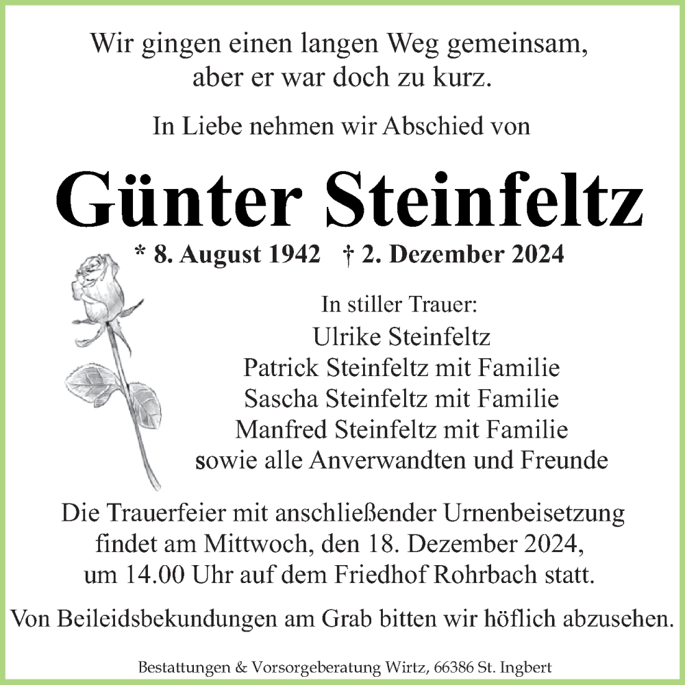  Traueranzeige für Günter Steinfeltz vom 07.12.2024 aus saarbruecker_zeitung