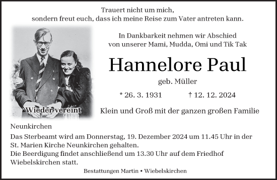 Traueranzeige von Hannelore Paul von saarbruecker_zeitung