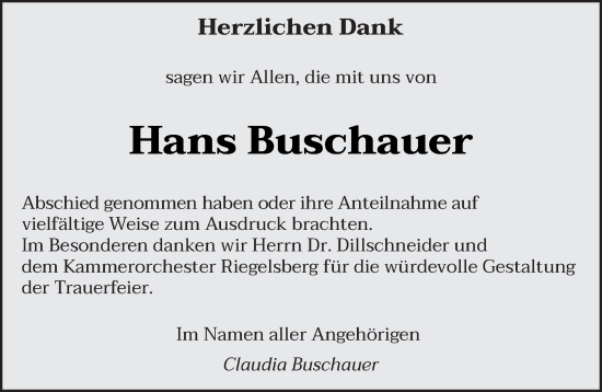 Traueranzeige von Hans Buschauer von saarbruecker_zeitung