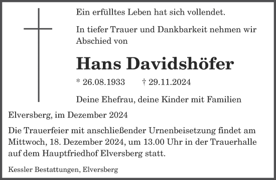 Traueranzeige von Hans Davidshöfer von saarbruecker_zeitung