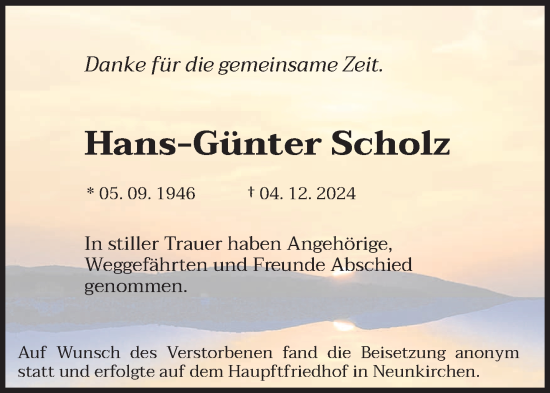 Traueranzeige von Hans-Günter Scholz von saarbruecker_zeitung