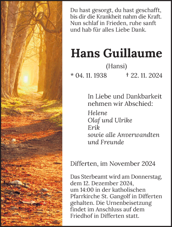 Traueranzeige von Hans Guillaume von saarbruecker_zeitung