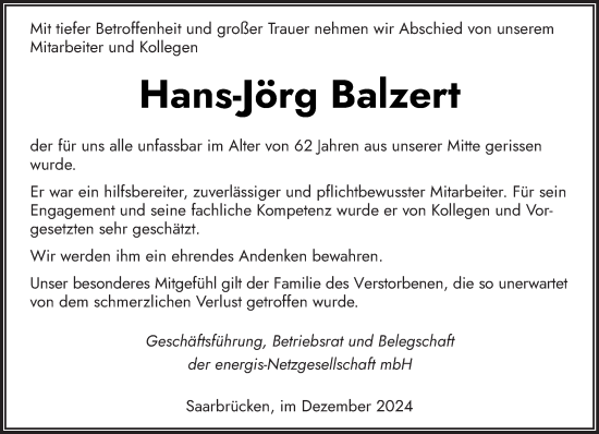 Traueranzeige von Hans-Jörg Balzert von saarbruecker_zeitung