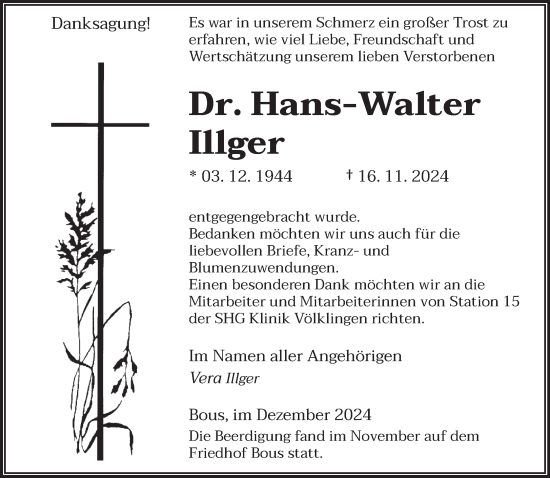 Traueranzeige von Hans-Walter Illger von saarbruecker_zeitung