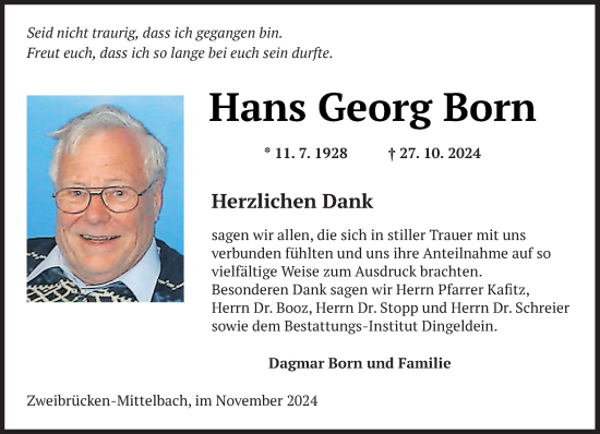 Traueranzeige von Hans Georg Born von saarbruecker_zeitung