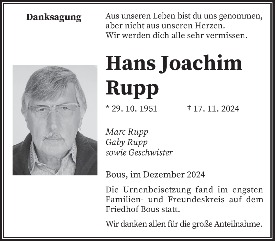 Traueranzeige von Hans Joachim Rupp von saarbruecker_zeitung