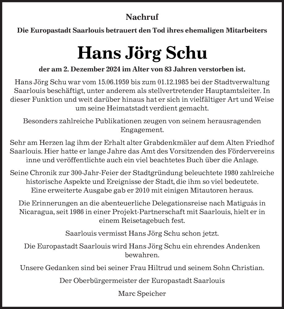  Traueranzeige für Hans Jörg Schu vom 14.12.2024 aus saarbruecker_zeitung