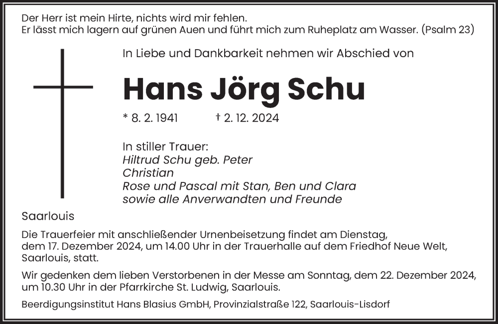  Traueranzeige für Hans Jörg Schu vom 14.12.2024 aus saarbruecker_zeitung