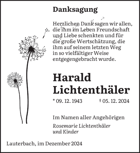 Traueranzeige von Harald Lichtenthäler von saarbruecker_zeitung