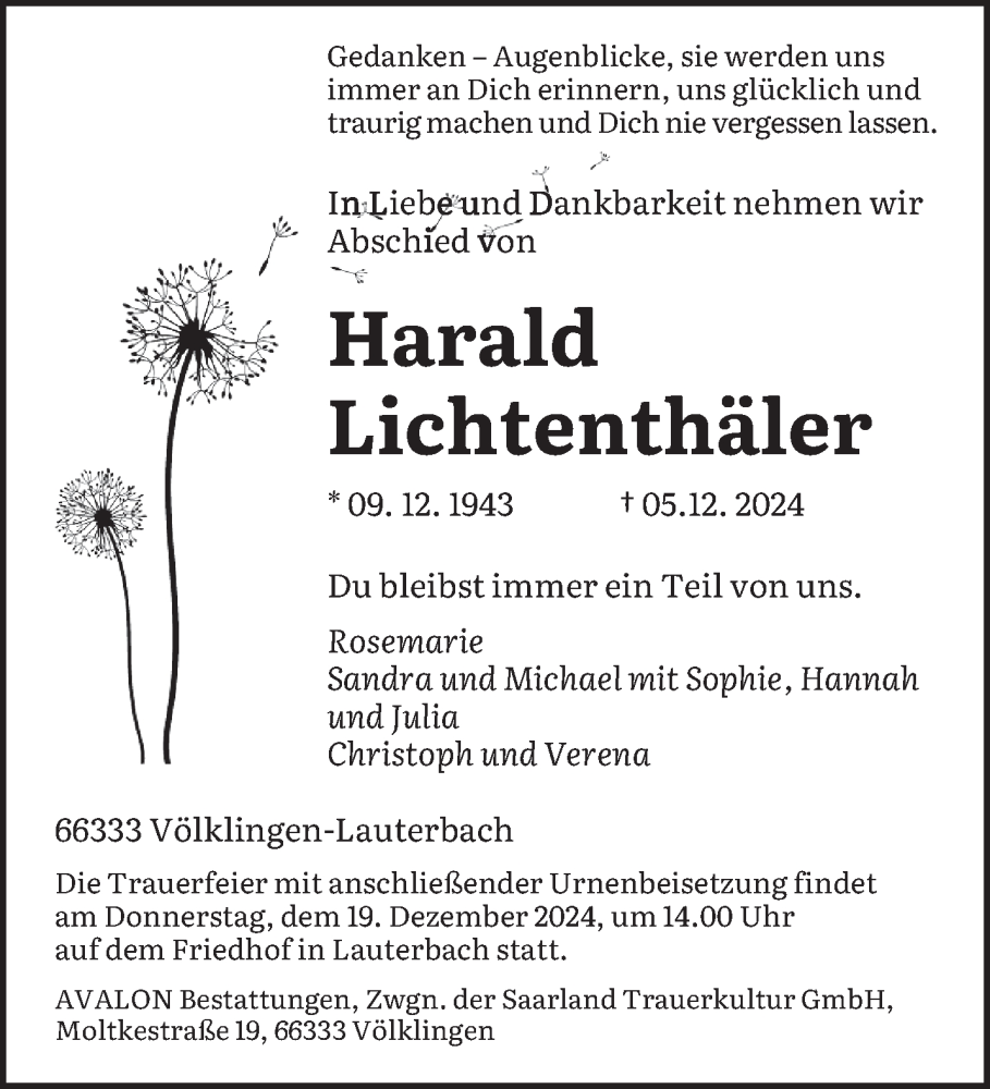  Traueranzeige für Harald Lichtenthäler vom 14.12.2024 aus saarbruecker_zeitung