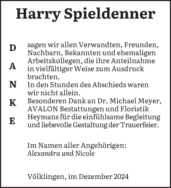 Traueranzeige von Harry Spieldenner von saarbruecker_zeitung