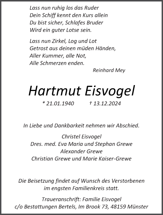 Traueranzeige von Hartmut Eisvogel von saarbruecker_zeitung