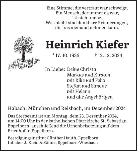 Traueranzeige von Heinrich Kiefer von saarbruecker_zeitung