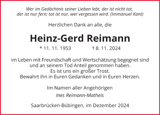 Traueranzeige von Heinz-Gerd Reimann von saarbruecker_zeitung