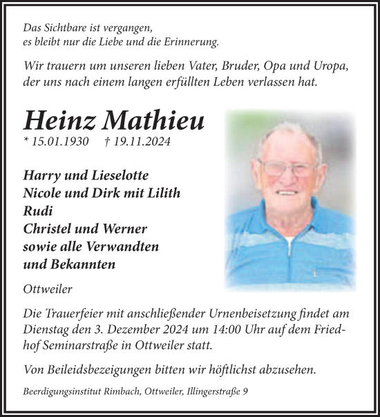 Traueranzeige von Heinz Mathieu von saarbruecker_zeitung