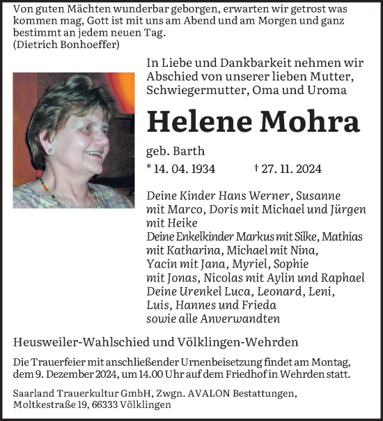 Traueranzeige von Helene Mohra von saarbruecker_zeitung