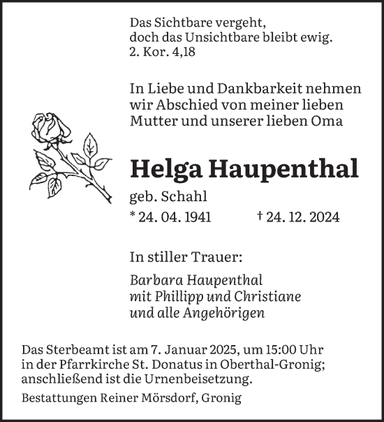 Traueranzeige von Helga Haupenthal von saarbruecker_zeitung