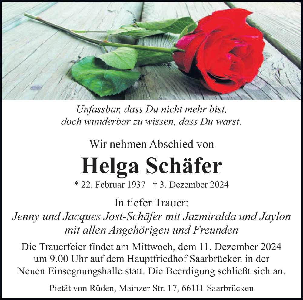  Traueranzeige für Helga Schäfer vom 07.12.2024 aus saarbruecker_zeitung