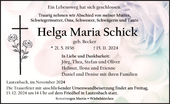 Traueranzeige von Helga Maria Schick von saarbruecker_zeitung