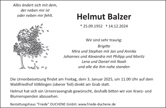 Traueranzeige von Helmut Balzer von saarbruecker_zeitung