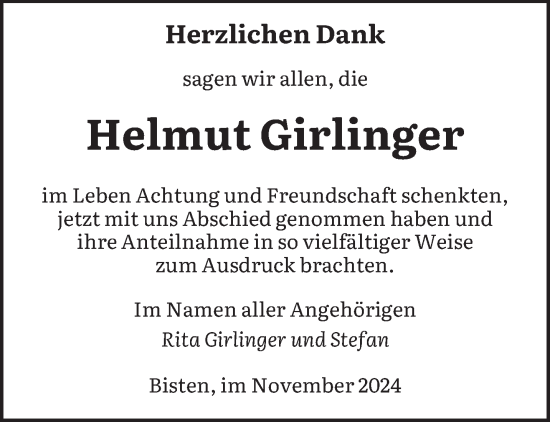 Traueranzeige von Helmut Girlinger von saarbruecker_zeitung