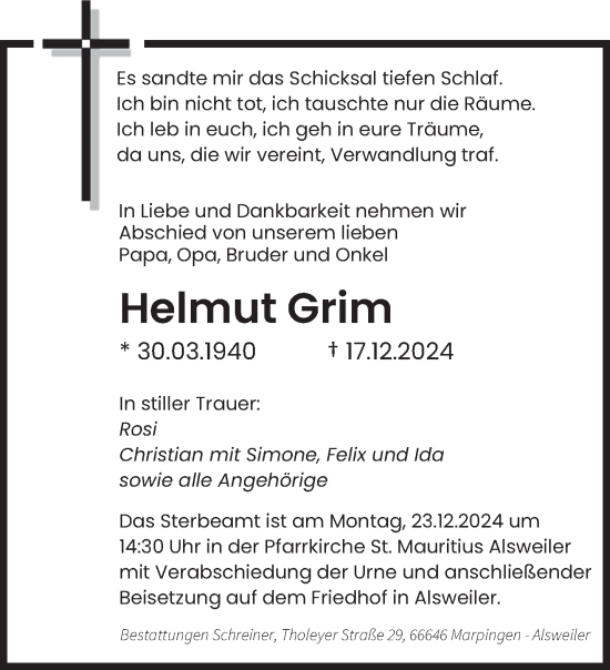 Traueranzeige von Helmut Grim von saarbruecker_zeitung