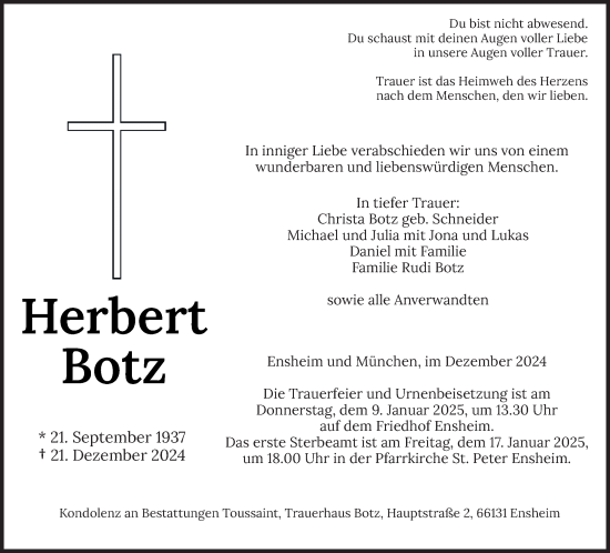 Traueranzeige von Herbert Botz von saarbruecker_zeitung