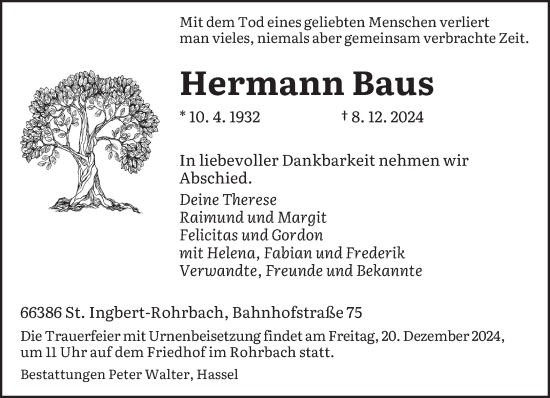 Traueranzeige von Hermann Baus von saarbruecker_zeitung