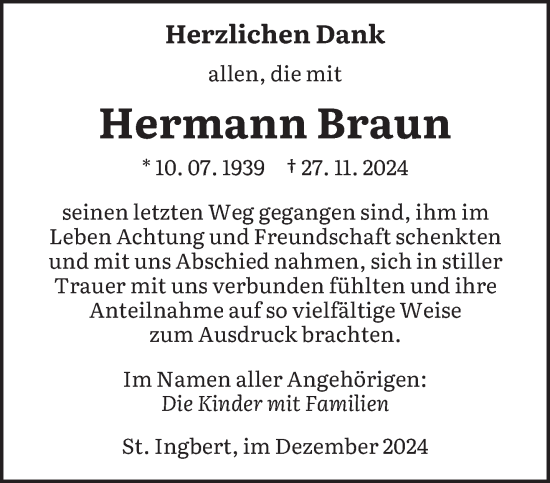 Traueranzeige von Hermann Braun von saarbruecker_zeitung