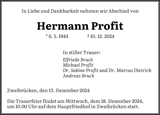 Traueranzeige von Hermann Profit von saarbruecker_zeitung