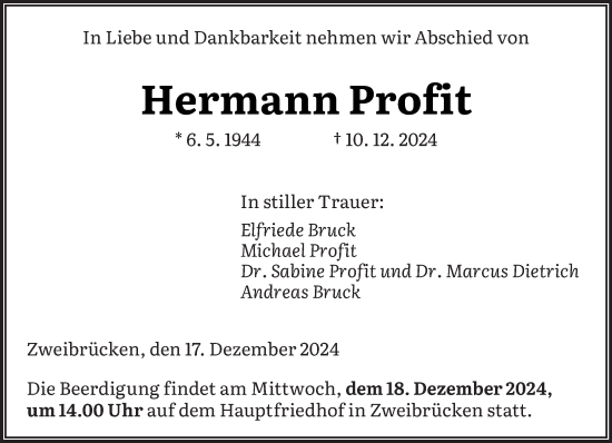 Traueranzeige von Hermann Profit von saarbruecker_zeitung