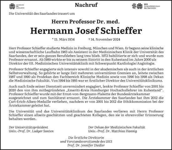 Traueranzeige von Hermann Josef Schieffer von saarbruecker_zeitung