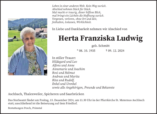 Traueranzeige von Herta Franziska Ludwig von saarbruecker_zeitung