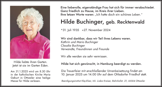 Traueranzeige von Hilde Buchinger von saarbruecker_zeitung