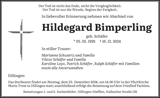 Traueranzeige von Hildegard Bimperling von saarbruecker_zeitung