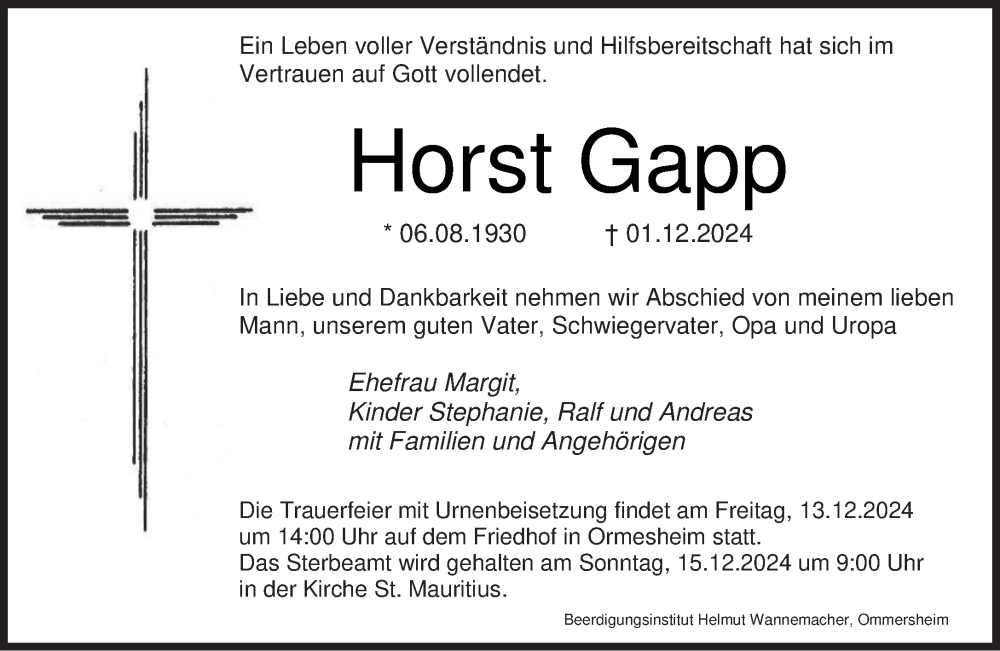  Traueranzeige für Horst Gapp vom 07.12.2024 aus saarbruecker_zeitung