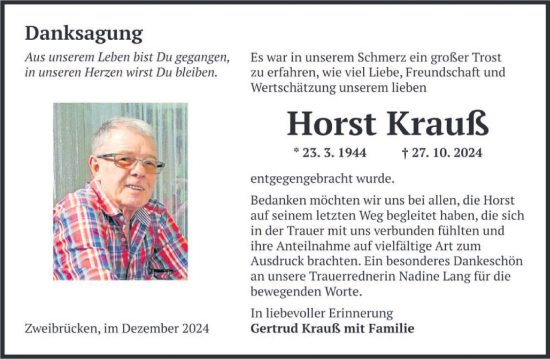 Traueranzeige von Horst Krauß von saarbruecker_zeitung