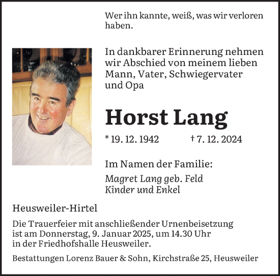 Traueranzeige von Horst Lang von saarbruecker_zeitung