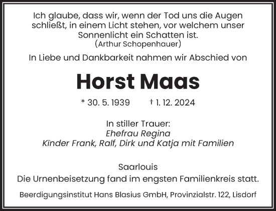 Traueranzeige von Horst Maas von saarbruecker_zeitung