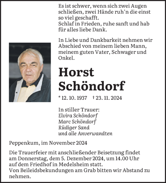 Traueranzeige von Horst Schöndorf von saarbruecker_zeitung