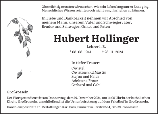 Traueranzeige von Hubert Hollinger von saarbruecker_zeitung