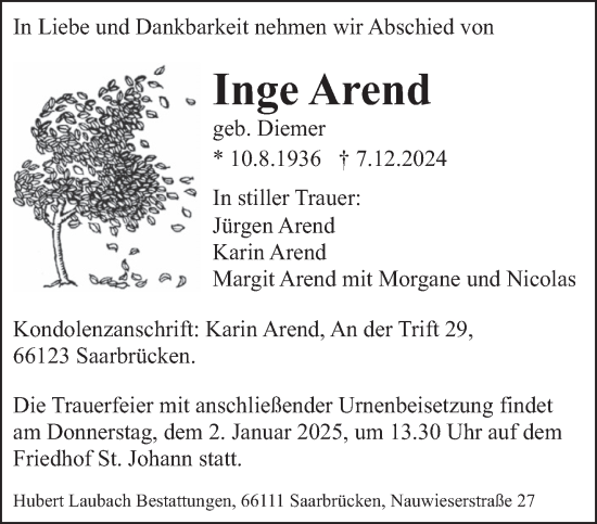 Traueranzeige von Inge Arend von saarbruecker_zeitung