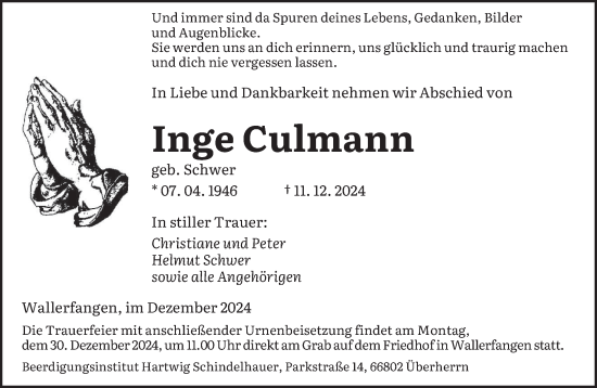 Traueranzeige von Inge Culmann von saarbruecker_zeitung